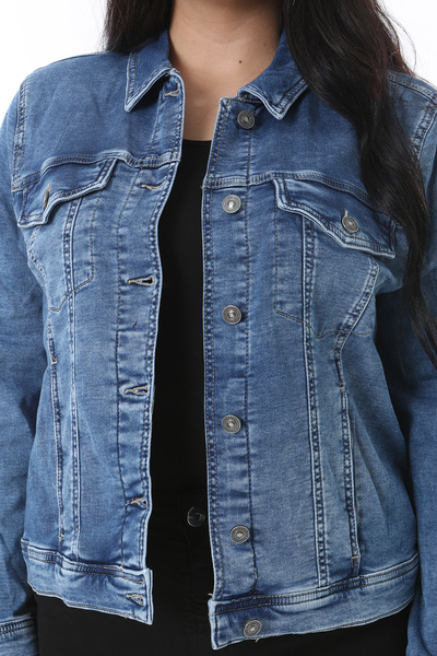 Şans Women's Plus Size Blue Cup Detailed Lycra Jeans Coat 65N38502