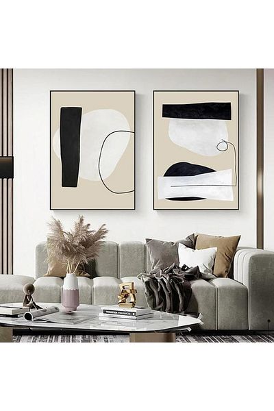 Linacci Set de picturi abstracte din sticlă cu două cadru metalic negru crem