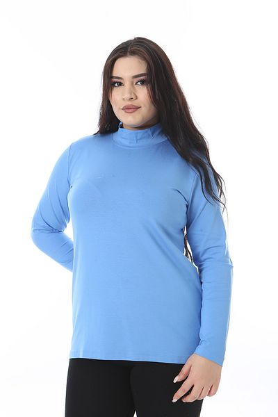 Şans Women's Plus Size Baby Blue Stand Collar Long Sleeve Blouse 65N38540