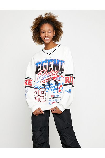 Koton Fleece V-Neck Long Sleeve Oversize Sweatshirt - Slogan Printed