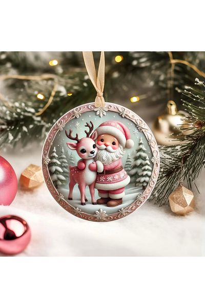 Sevimli Hediye Christmas Pine Tree Ornament - 3D Design Uv Printed - Santa and Deer
