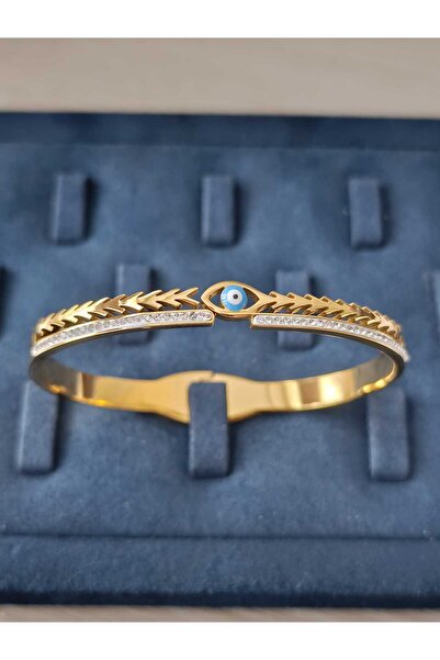 PileaD 20 Cm Zirkon Taşlı Nazar Boncuk Detaylı Garantili 316l Gold Zarif Kelepçe
