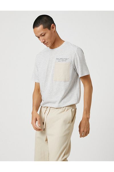 Koton Slogan Embroidered T-Shirt Pocket Detailed Crew Neck