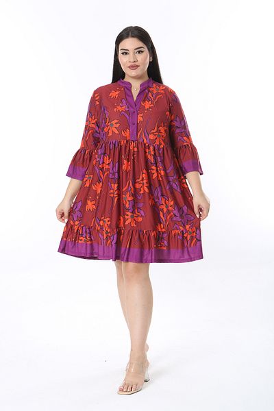 Şans Women's Plus Size Purple Front Placket Buttoned Flounce Sleeve Skirt End Layered Dress 65N38471
