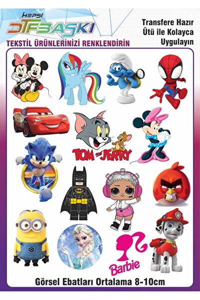 F17 Ajans 27 Adet Çizgi Karakter Ütü ile Yapışan Tişört Tekstil Transfer Dtf Baskı
