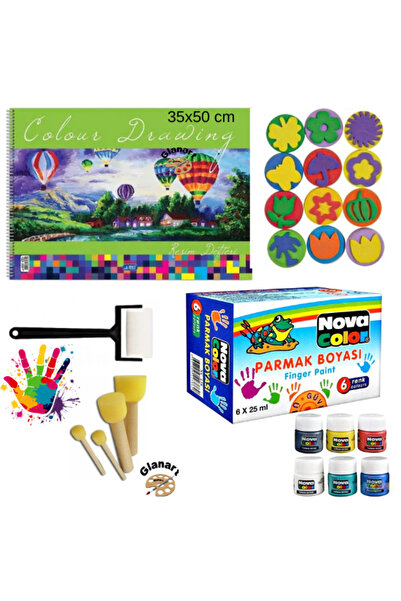 Glanart 35x50 resim defteri + 6x25 ml parmak boyası baskı seti ponpon fırçalı set (yıkanabilir)