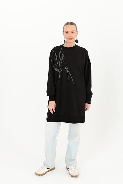 Puane Women's 2 Yarn Fabric Shiny Sequin Embroidery Detailed Tunic 10585