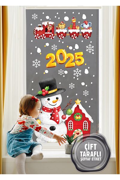 AlyMarkt زينة زجاجية للعام الجديد لعام 2025 - رجل ثلج وقطار - ملصق مزدوج الجوانب 100% مقاس 89x29