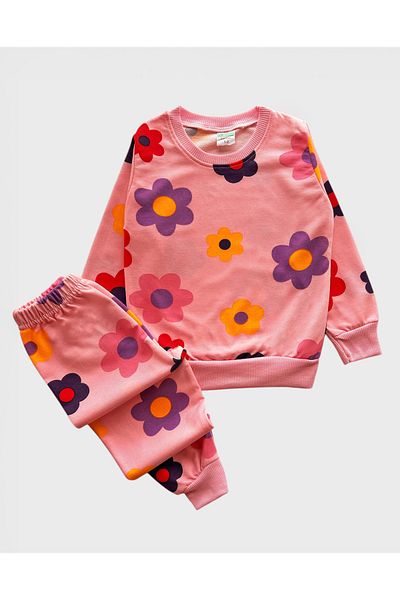 TOFU KİDS Girls' Cotton Pink Color Floral Print Long Sleeve Seasonal Pajamas Set