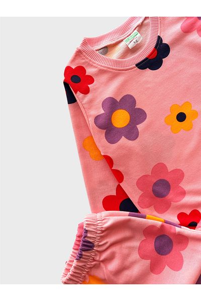 TOFU KİDS Girls' Cotton Pink Color Floral Print Long Sleeve Seasonal Pajamas Set