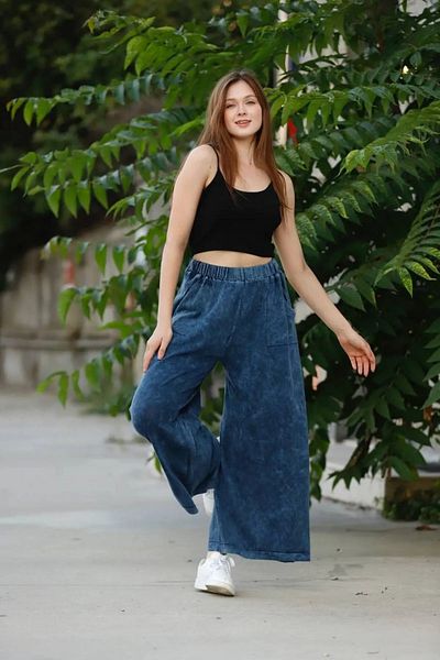 Sosyete Kaplumbağa Authentic 100% Cotton Pocket Washed Knitwear Wide Leg Trousers