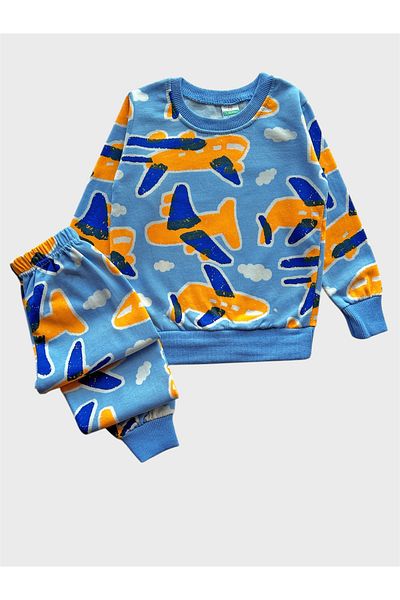 TOFU KİDS Set de pijamale sezoniere cu mânecă lungă, cu model de avion, din bumbac (albastru) pentru băiat