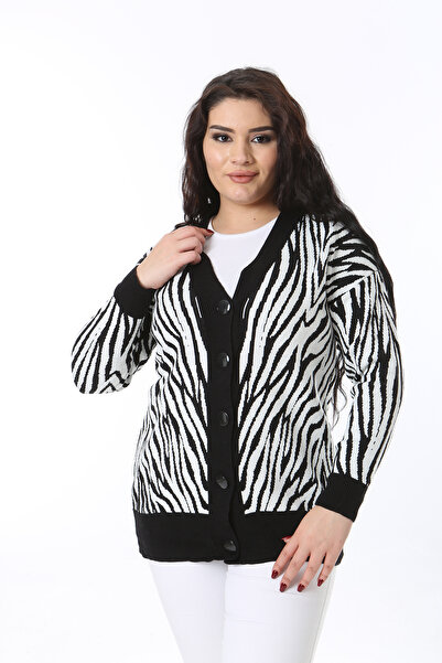 Şans Women's Large Size Black Front Button Knitwear Cardigan 65N38566