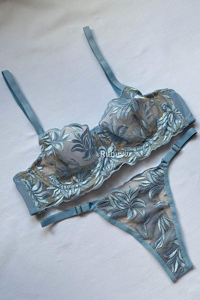 Rubuvi Bralet de damă albastru din dantelă și cu sârmă - Zestre Sexy Fancy Lenjerie Sutien Chiloți Set de rufe