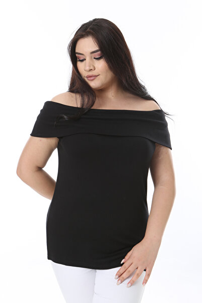 Şans Women's Plus Size Black Madonna Collar Lycra Blouse 65N38544