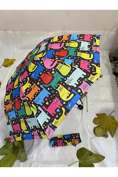 Bosile Renkli Kedi Desenli 8 Telli Manuel Rüzgara Dayanıklı Şemsiye