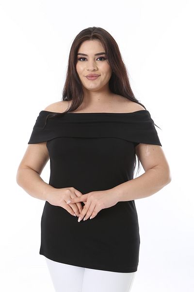 Şans Women's Plus Size Black Madonna Collar Lycra Blouse 65N38544
