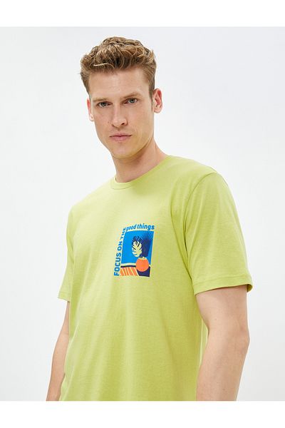 Koton Slogan Printed T-Shirt with Painting Detail Crew Neck Slim Fit Cotton