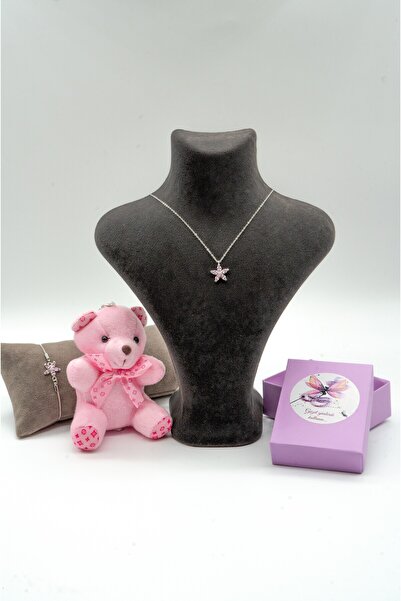 Perry Accesories Pembe lotus  gümüş bileklik kolye ayıcık hediye seti sevgili...