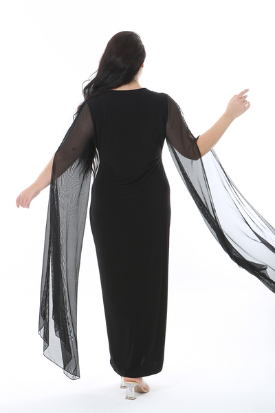 Şans Women's Plus Size Black Sleeves Tulle Detail Long Evening Dress 65N38578