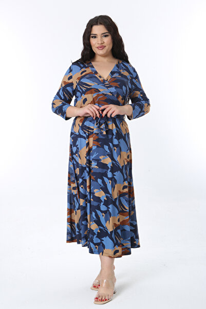 Şans Γυναικείο μακρύ φόρεμα με πολύχρωμο τυλιγμένο γιακά με ζώνη 65N38588