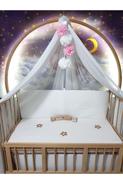 Baby Clime Bebek Lüks Cibinlik Takımı - Beyaz ve Açık Pembe Dört Ponponlu - 6...