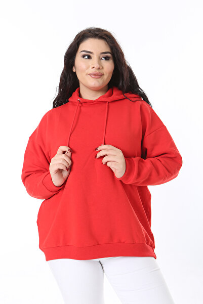 Şans Жіночий великий розмір червоний світло-сірий капюшон з принтом на спині ...