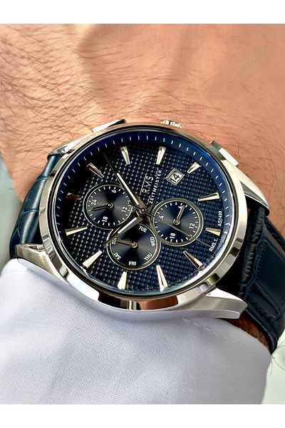 Romanson Functions Active Navy Blue Color Leather Band Steel Case Men Wrist Watch 1499.01