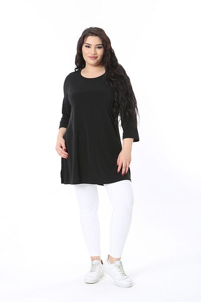 Şans Women's Plus Size Black Crew Neck Capri Sleeve Lycra Long Blouse 65N38653
