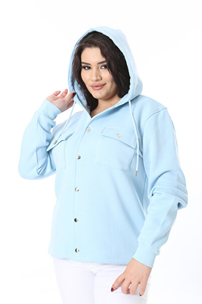 Şans Γυναικείο παλτό μεγάλου μεγέθους Baby Blue με 2 κλωστές με κουμπιά και κουκούλα 65N38608