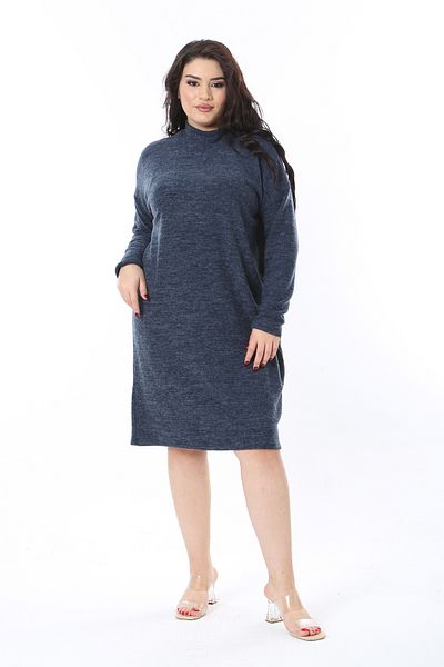 Şans Women's Plus Size Navy Blue Soft Fabric Crew Neck Long Sleeve Dress 65N38591