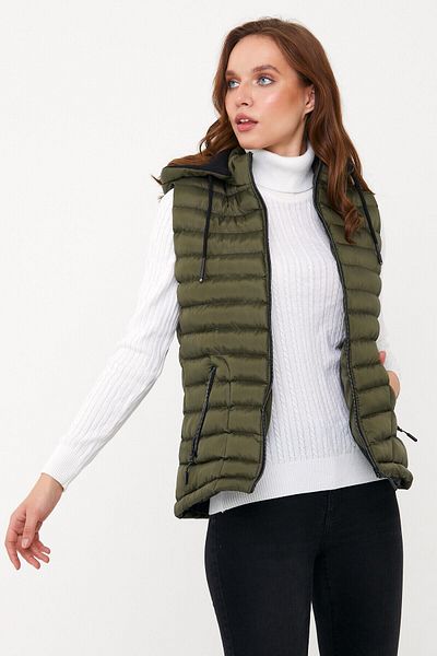 DYNAMO Dámska khaki puffer vesta s fleecovou vnútornou kapucňou