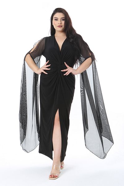 Şans Γυναικείο Μακρύ Βραδινό Φόρεμα Plus Size Μαύρο με Μανίκια Τούλι 65N38578