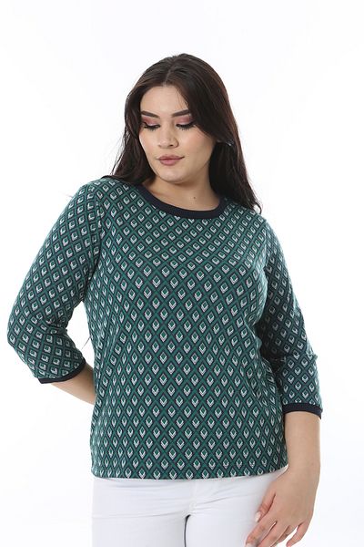 Şans Women's Plus Size Green Crew Neck Capri Sleeve Print Blouse 65N38638