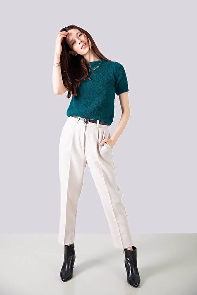 NİLİST Yüksek Bel Kemerli Havuç Kumaş Pantolon - Krem Rengi