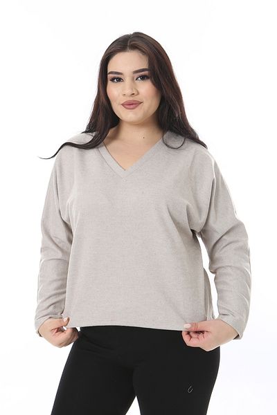 Şans Women's Plus Size Mink V-Neck Thick Knitted Blouse 65N38633