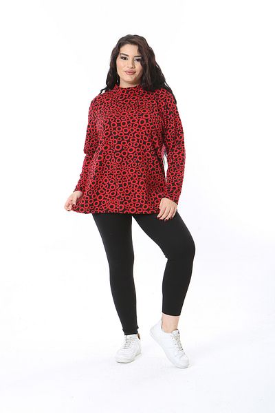 Şans Women's Plus Size Red Crew Neck Print Long Sleeve Blouse 65N38651