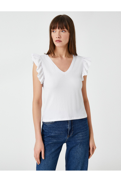 Koton V-Neck Tank Top with Flounce Detail Sleeveless