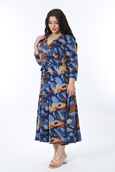 Şans Γυναικείο μακρύ φόρεμα με πολύχρωμο τυλιγμένο γιακά με ζώνη 65N38588