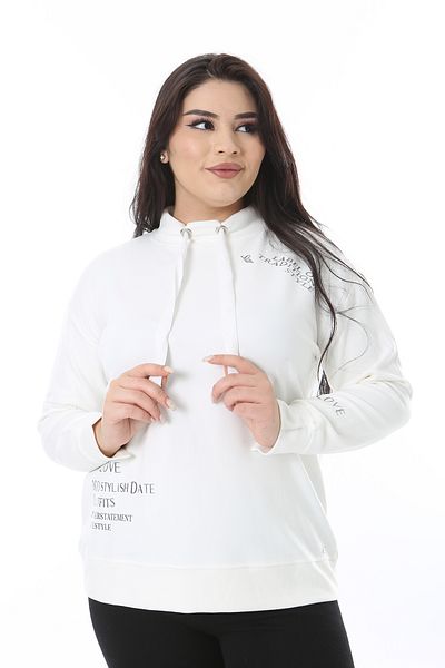 Şans Women's Plus Size Bone Collar Eyelet Lace and Print Detail Sweatshirt 65N38620