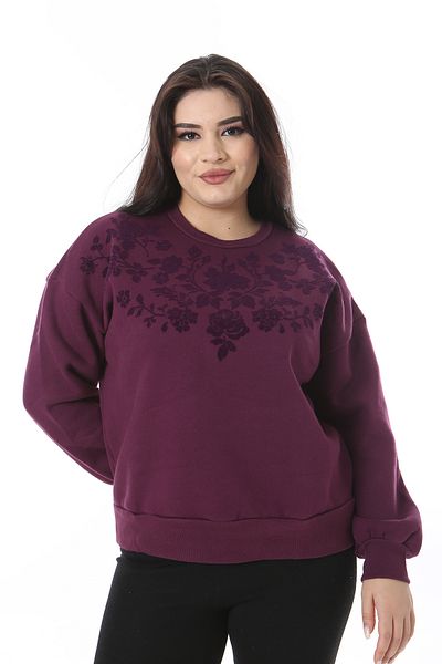 Şans Plus Size Plum Color 3 Thread Flocked Pattern Sweatshirt - 65N38646
