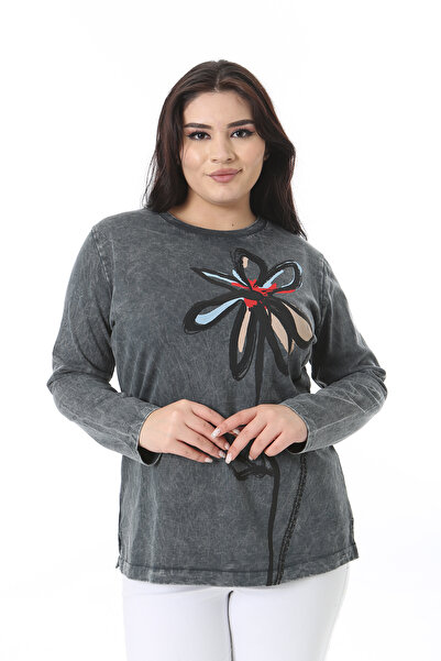 Şans Women's Large Size Smoked Wash Effect Printed Sweatshirt 65N38631