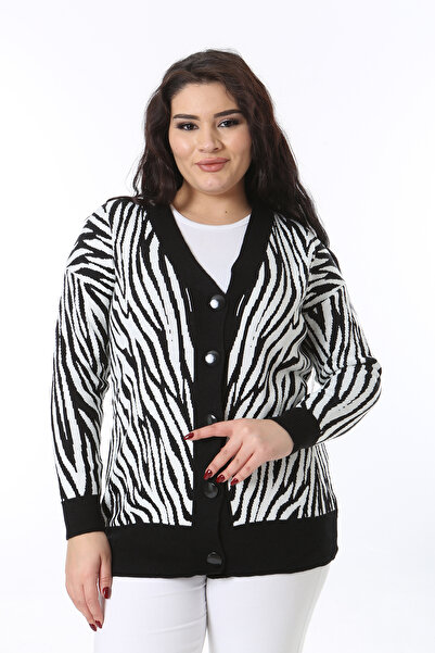 Şans Women's Large Size Black Front Button Knitwear Cardigan 65N38566