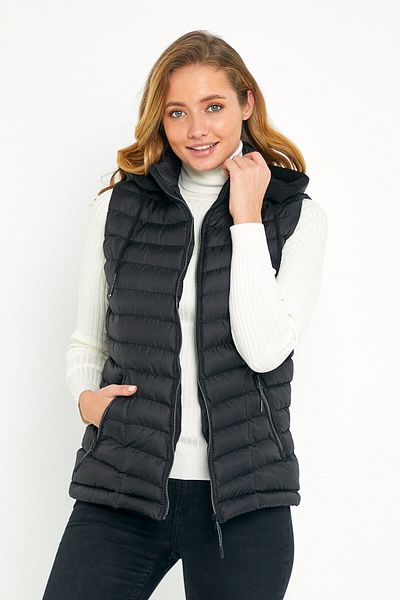 DYNAMO Women's Black Puffer Vest with Fleece Inside Hood