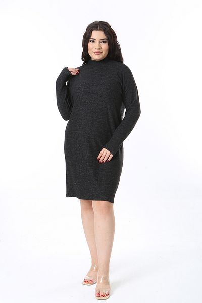 Şans Women's Plus Size Black Soft Fabric Crew Neck Long Sleeve Dress 65N38591