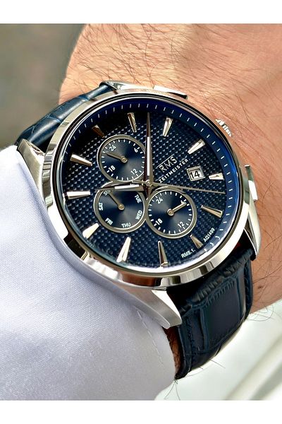 Romanson Functions Active Navy Blue Color Leather Band Steel Case Men Wrist Watch 1499.01