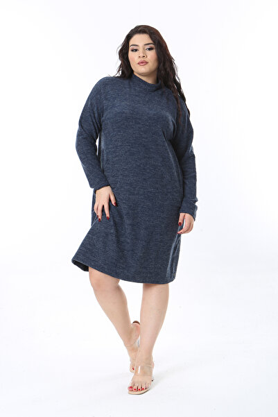 Şans Жіноче велике розмір темно-синє м'яке плаття з довгими рукавами та коміром 65N38591