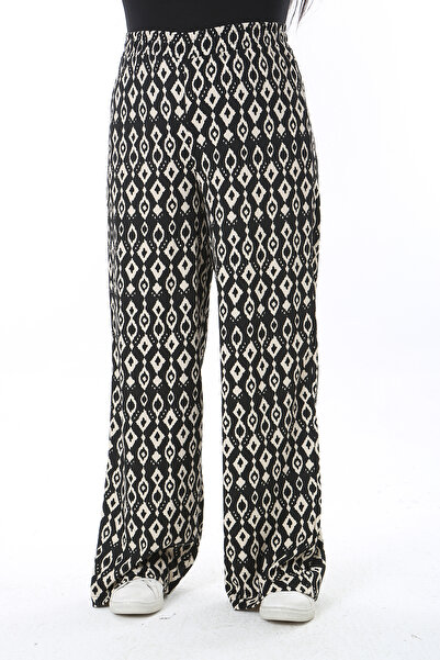 Şans Γυναικείο Plus Size Μαύρο Ελαστικό Παντελόνι Μέσης με στάμπα 65N38554