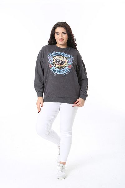 Şans Women's Large Size Smoked Front Printed Sweatshirt 65N38616