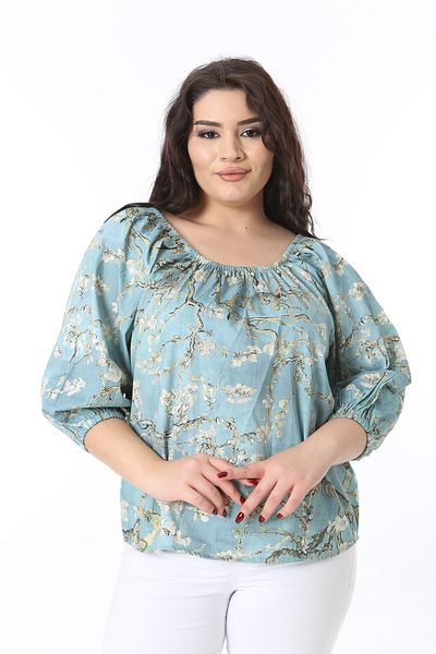 Şans Women's Plus Size Green Collar and Sleeve Rubber Detailed Blouse 65N38704